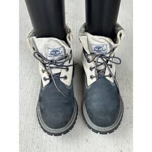 Timberland Roll Top Boots Women’s 7.5M Blue Leather Ivory Canvas Lace Up 27362